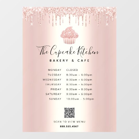 QR-menuuren Cupcake bakkerij Roos Gold Glitter Win Raamsticker (Vel)
