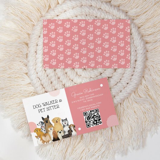 QR Modern Dog Walker Pet Sitter Waterverf Roze Visitekaartje