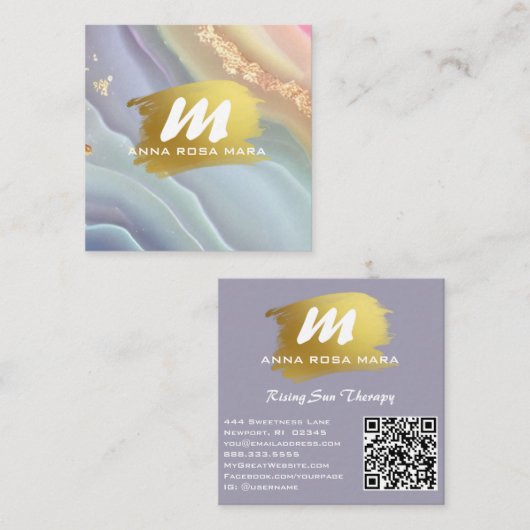 *~* QR Pastel AP66 Gouden Glitter Regenboog Agaat Vierkante Visitekaartje (Voorkant / Achterkant)