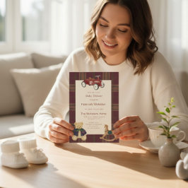 QR Plaid Teddy Bear Toy Car Baby Shower Invitation Kaart