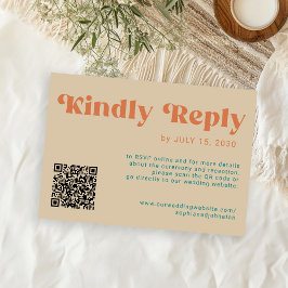 QR retro groovy vet oranje beige online bruiloft RSVP Kaartje