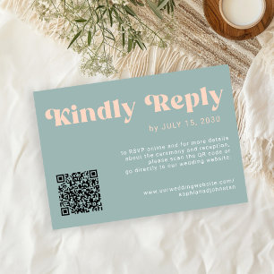 QR retro groovy vet stoffig blauw online bruiloft RSVP Kaartje