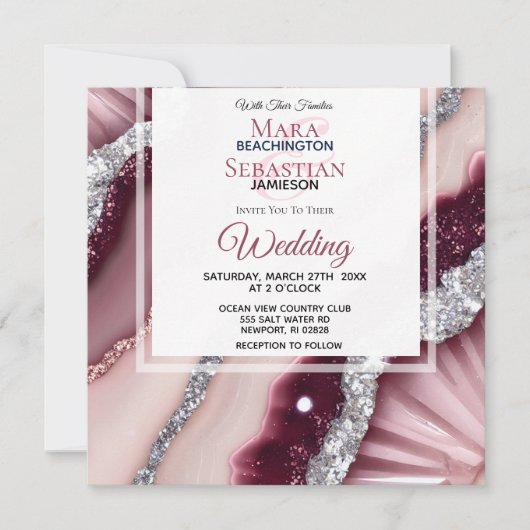 *~* QR ROZE BURGUNDY Agaat RSVP AR66 Trouwen Kaart (Voorkant)