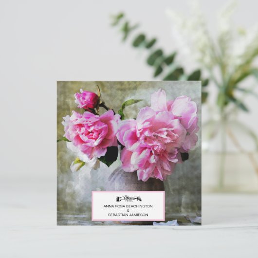 *~* QR  Roze Pioenbloem RSVP AR23 BRUILOFT Kaart (Staand voorkant)