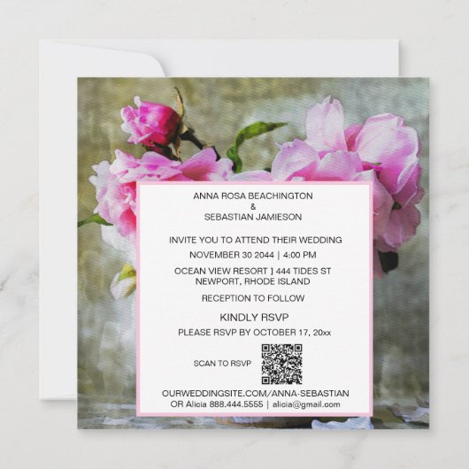 *~* QR  Roze Pioenbloem RSVP AR23 BRUILOFT Kaart (Achterkant)