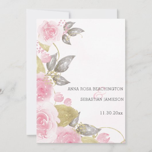 *~* QR roze Roses AR15 Gold Floral Wedding RSVP Kaart (Voorkant)