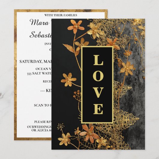 *~ QR RSVP AR26 Gouden Kant LOVE 45 Luxe Trouwfees Kaart (Voorkant / Achterkant)