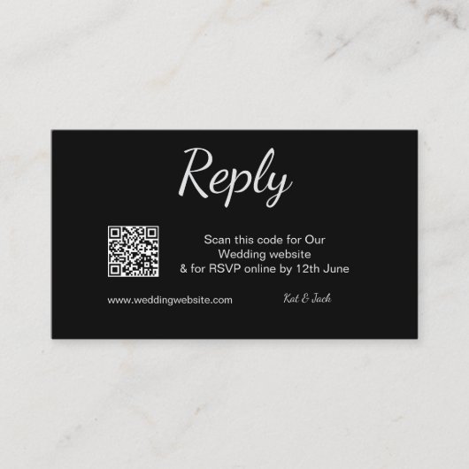 QR RSVP bruiloft website eenvoudig zwart wit RSVP Visitekaartje (Voorkant)