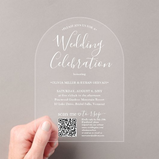 QR RSVP Eenvoudig Script Bruiloftsfeest Gebogen Acryl Uitnodigingen (Insitu (Draagbaar))