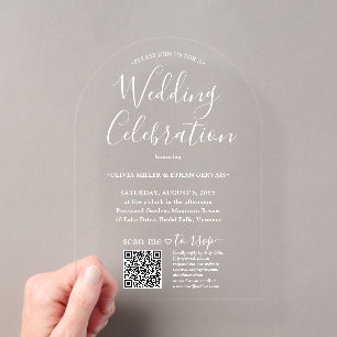 QR RSVP Eenvoudig Script Gebogen Huwelijksviering Acryl Uitnodigingen