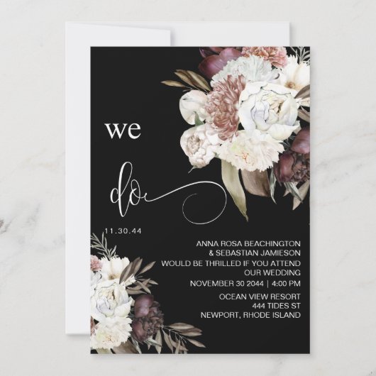 *~* QR RSVP Floral Burgundy Roos AR15 WEDDING Kaart (Voorkant)
