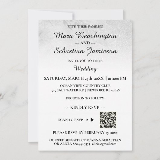 *~* QR RSVP Floral Glitter Silver Gray Weddenschap Kaart (Achterkant)