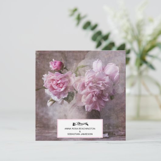 *~* QR RSVP  Kunst pioenroos Floral AR23 BRUILOFT Kaart (Staand voorkant)