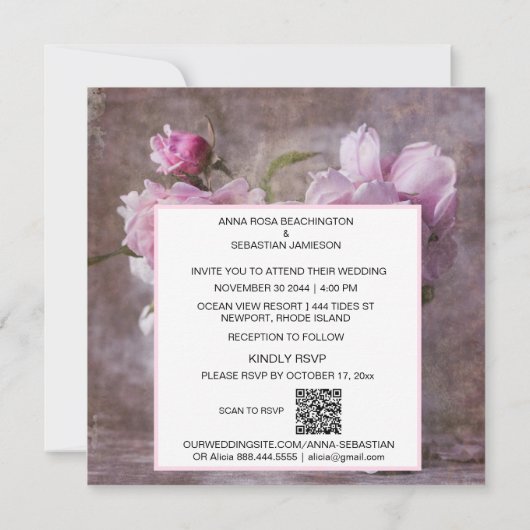 *~* QR RSVP Kunst pioenroos Floral AR23 BRUILOFT Kaart (Achterkant)