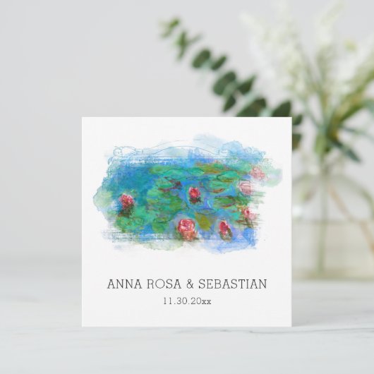 *~* QR RSVP MONET LILY POND AP12 RSVP Wedding Kaart (Staand voorkant)