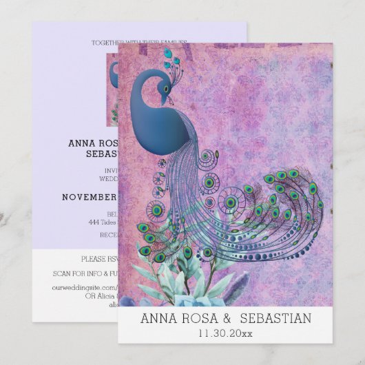 *~*  QR RSVP Victoriaans Peacock AR24 Wedding Kaart (Voorkant / Achterkant)