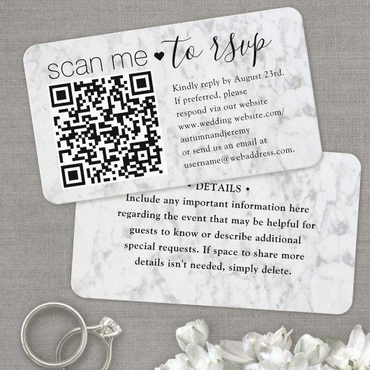 QR RSVP Wedding Faux Marble Enclosure Card Visitekaartje