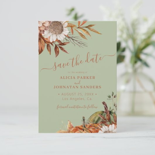 QR rustic modern sage green floral wedding Save The Date (Staand voorkant)