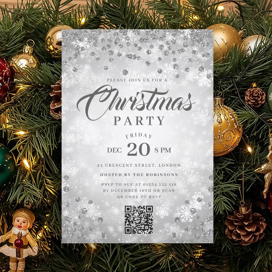 QR Silver Winter Diamonds Glitter Christmas Party Kaart