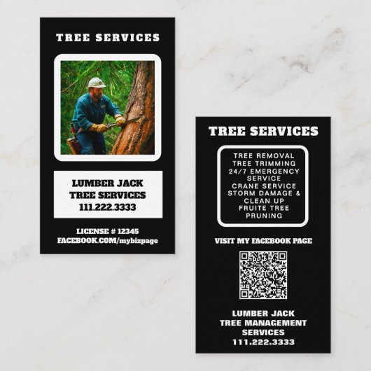*~* QR Tree Services Lumber Jack Tree Trunk Visitekaartje (Voorkant / Achterkant)