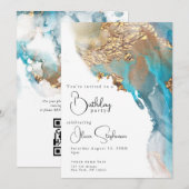 QR Verjaardag Abstracte Marmered Alcoholinkt Kaart (Voorkant / Achterkant)