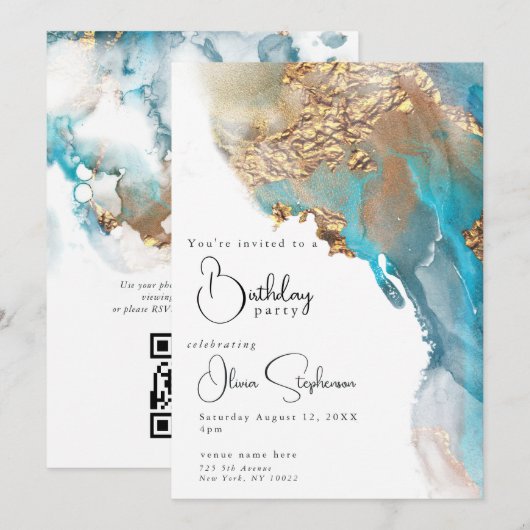 QR Verjaardag Abstracte Marmered Alcoholinkt Kaart (Voorkant / Achterkant)