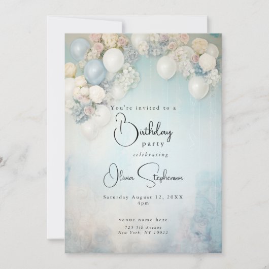 QR Verjaardag Feestelijke Blauwe en Witte Bloemen Kaart (Voorkant)