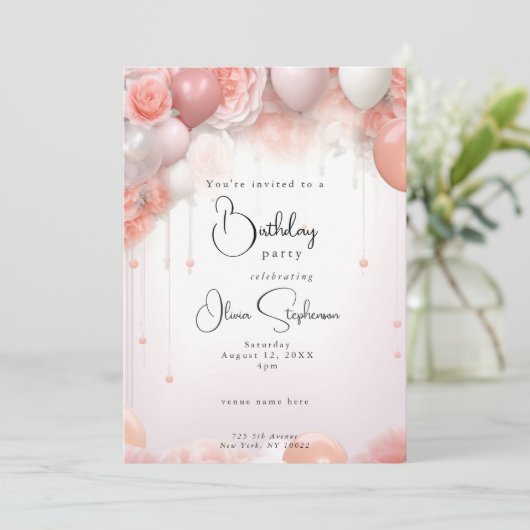 QR Verjaardag Koraal Bloemen en Ballonnen Kaart (Staand voorkant)