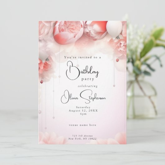 QR Verjaardag Koraal Bloemen Pioenrozen Kaart (Staand voorkant)