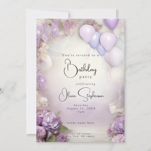 QR Verjaardag Lila Bloemen en Ballonnen Kaart (Voorkant)