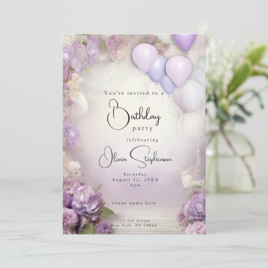QR Verjaardag Lila Bloemen en Ballonnen Kaart (Staand voorkant)