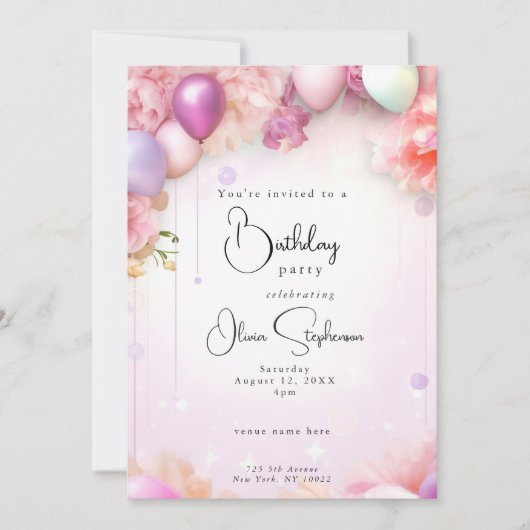 QR Verjaardag Roze en Lila Bloemen Ballonnen Kaart (Voorkant)