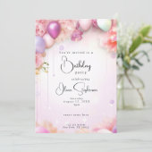 QR Verjaardag Roze en Lila Bloemen Ballonnen Kaart (Staand voorkant)