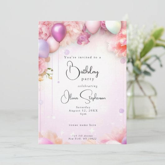 QR Verjaardag Roze en Lila Bloemen Ballonnen Kaart (Staand voorkant)