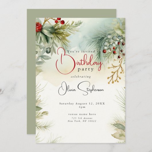 QR Verjaardag Winter Waterverf Botanisch Kaart (Voorkant / Achterkant)