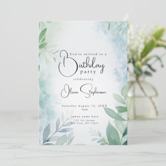 QR Waterverf Blauw en Groen Bladblad Verjaardag Kaart (Staand voorkant)
