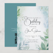 QR Waterverf Blauw en Groen Bladblad Verjaardag Kaart (Voorkant / Achterkant)