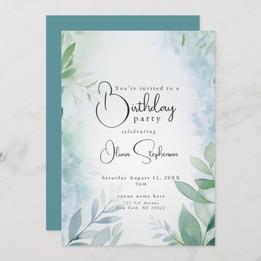 QR Waterverf Blauw en Groen Bladblad Verjaardag Kaart (Voorkant / Achterkant)