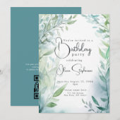 QR Waterverf Blauwgroen en Groen Bladgroen Verjaar Kaart (Voorkant / Achterkant)