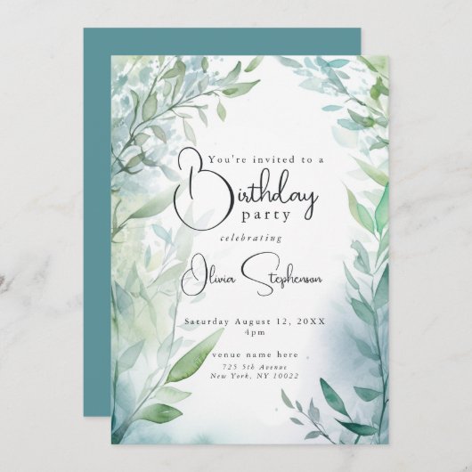 QR Waterverf Blauwgroen en Groen Bladgroen Verjaar Kaart (Voorkant / Achterkant)