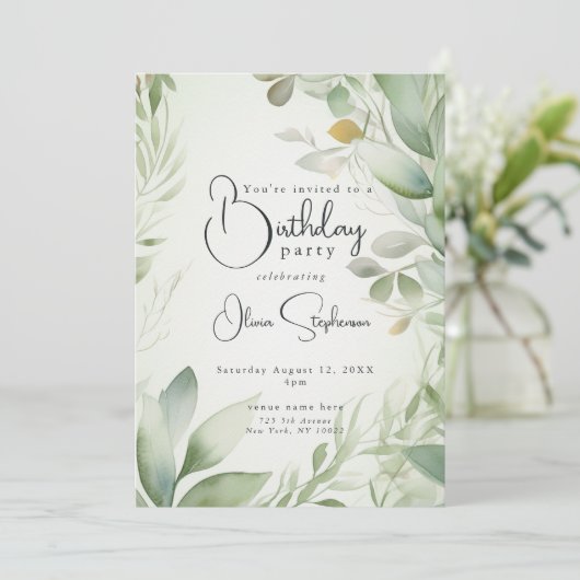 QR Waterverf Golden Green Foliage Verjaardag Kaart (Staand voorkant)