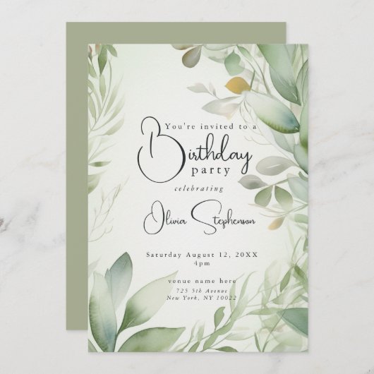 QR Waterverf Golden Green Foliage Verjaardag Kaart (Voorkant / Achterkant)