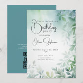 QR Waterverf Verjaardag Blauw Groen Bladeren Kaart (Voorkant / Achterkant)