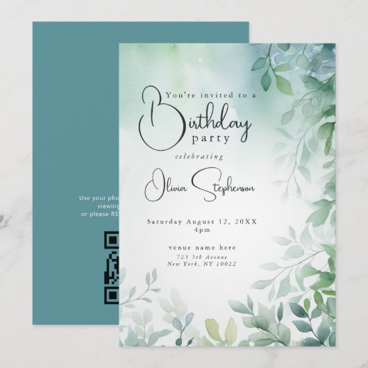 QR Waterverf Verjaardag Blauw Groen Bladeren Kaart (Voorkant / Achterkant)