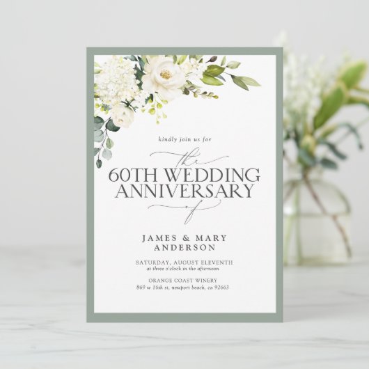 QR Wit Groene Bloemen 60ste Huwelijksverjaardag Kaart (Staand voorkant)