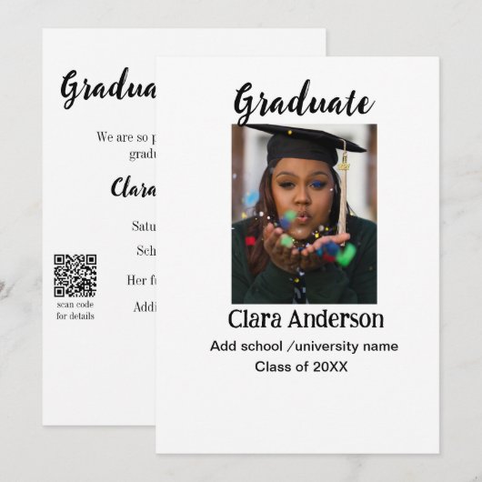 QR wit zwart fotoklassiek afstuderen aankondiging (Voorkant / Achterkant)