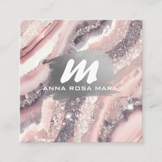 *~* QR Zilver AP66 Glitter Roze Agaat Vierkante Visitekaartje (Voorkant)