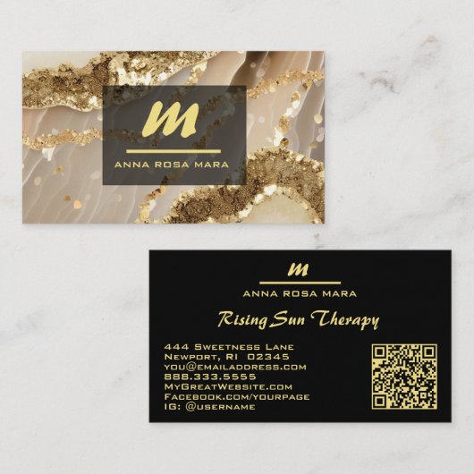 *~* QR Zwart AP66 Ivoor Goud Glitter Monogram Visitekaartje (Voorkant / Achterkant)