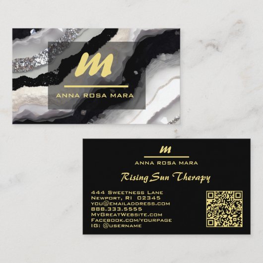 *~* QR Zwart AP66 Wit Gouden Glitter Monogram Visitekaartje (Voorkant / Achterkant)
