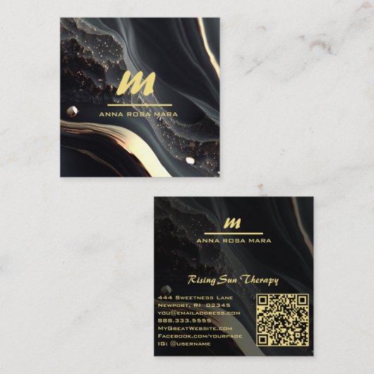 *~* QR Zwart Goud Glitter Dramatisch Monogram AP66 Vierkante Visitekaartje (Voorkant / Achterkant)